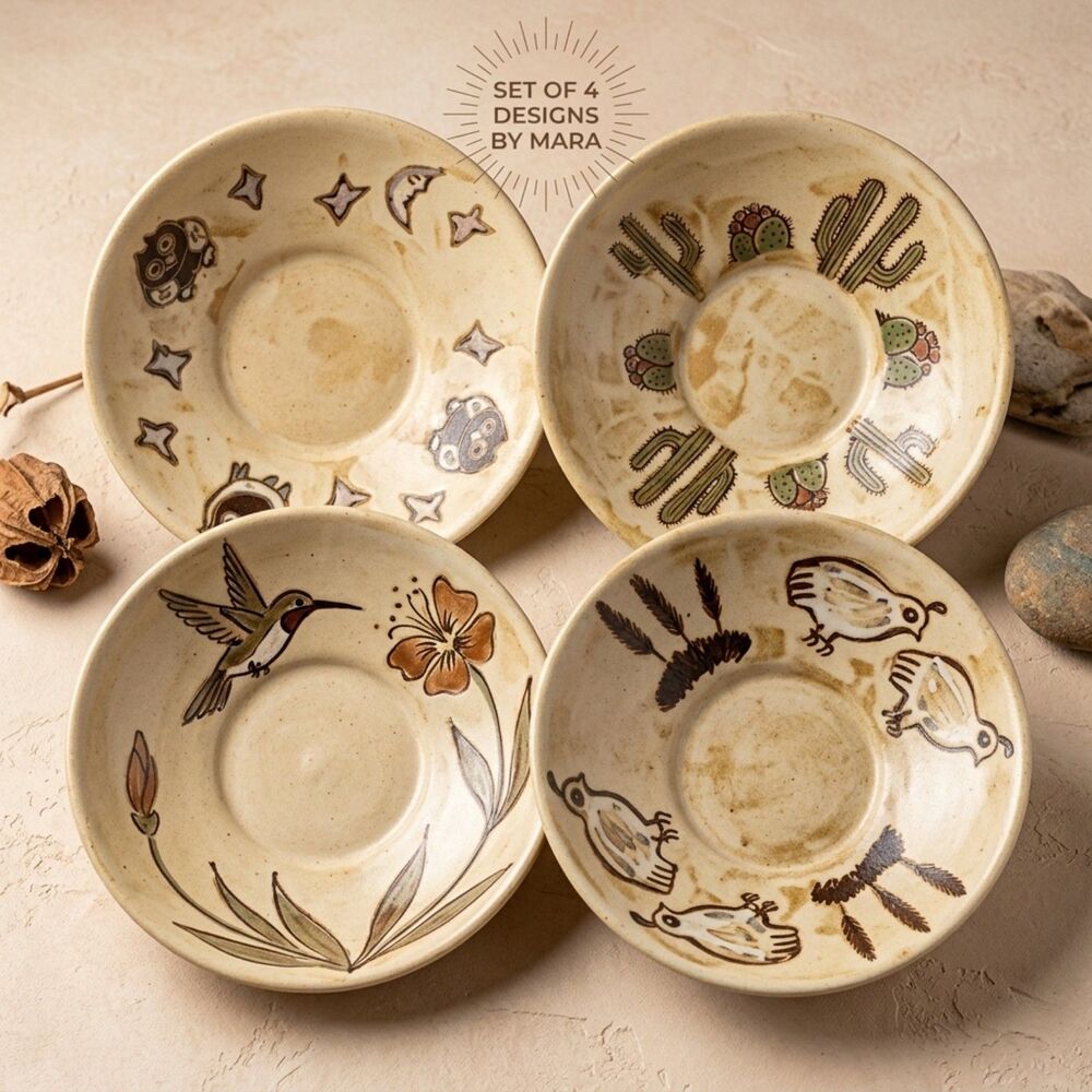 4 Mara Pottery Soup Bowls - Mexico - Southwest Cactus, Hummingbird, Quail, OWL